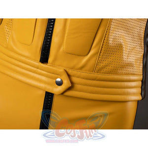 Close-up of The Bride cosplay jacket lower front with snap tab, stitched waistband and black center zipper