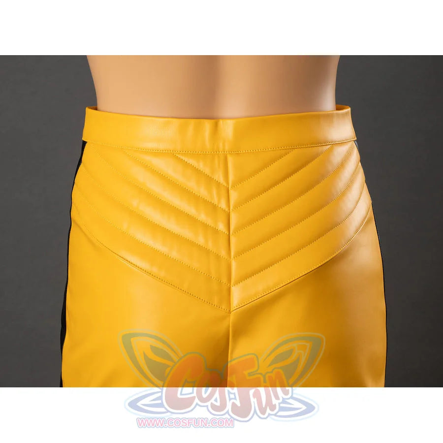 Back close-up of The Bride cosplay pants waist with yellow stitched yoke, rear waistband and fitted upper panel