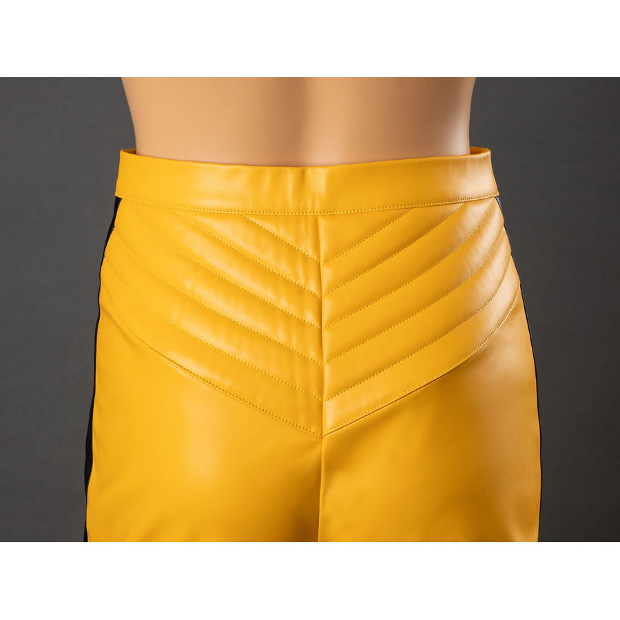 Back close-up of The Bride cosplay pants waist with yellow stitched yoke, rear waistband and fitted upper panel