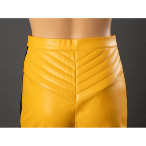 Back close-up of The Bride cosplay pants waist with yellow stitched yoke, rear waistband and fitted upper panel