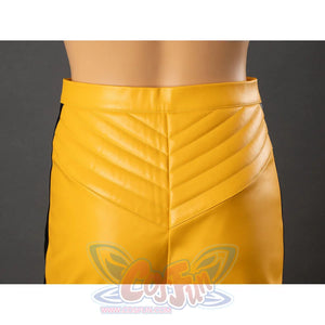 Back close-up of The Bride cosplay pants waist with yellow stitched yoke, rear waistband and fitted upper panel