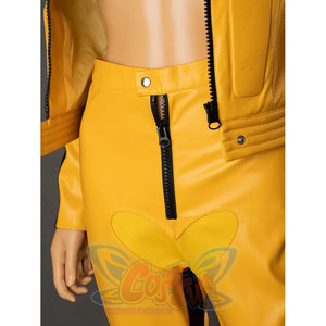 Close-up of The Bride cosplay pants front waist with snap closure, black zipper and heart-shaped yellow front panel