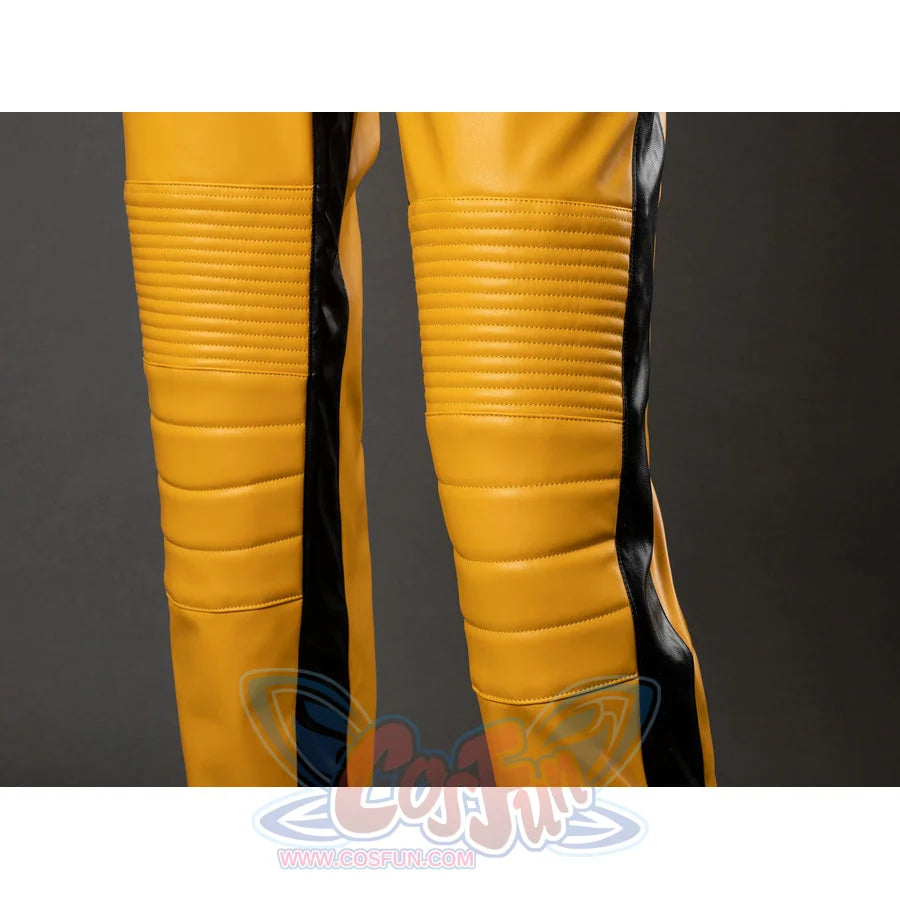 Close-up of The Bride cosplay pants legs with black side stripes and horizontal padded yellow knee sections