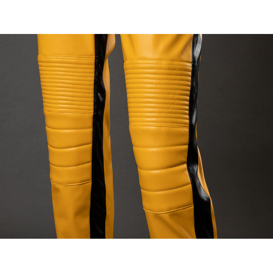 Close-up of The Bride cosplay pants legs with black side stripes and horizontal padded yellow knee sections