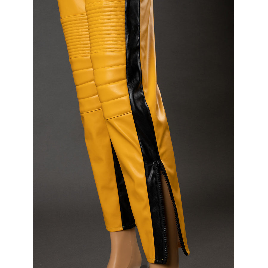 Close-up of The Bride cosplay pants lower leg with black side stripe, padded stitching and ankle zipper opening