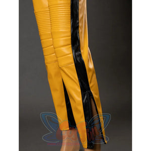 Close-up of The Bride cosplay pants lower leg with black side stripe, padded stitching and ankle zipper opening