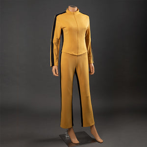 Angled front view of The Bride Cosplay tracksuit with fitted zip jacket, yellow pants and black side stripes