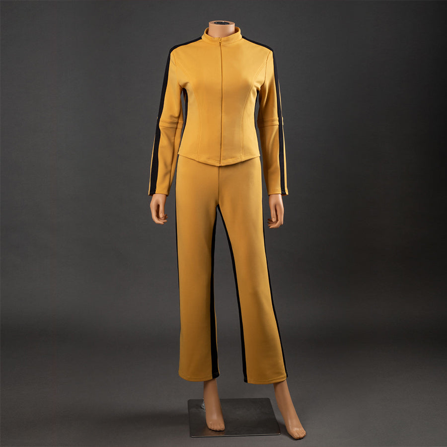 Front view of The Bride Cosplay tracksuit with yellow jacket, pants, stand collar and black side stripes