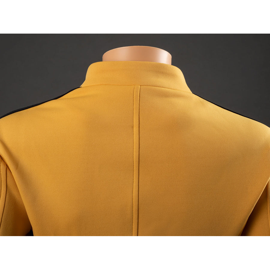 Close-up of The Bride Cosplay jacket back collar with center seam and black shoulder stripe edges