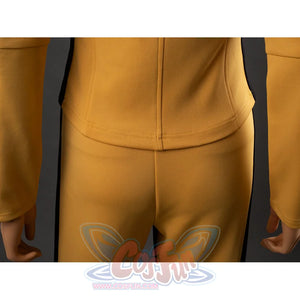 Close-up of The Bride Cosplay jacket back hem over yellow pants with side stripes and neat stitching