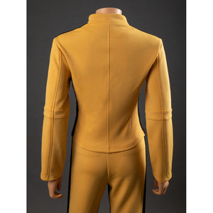 Back view of The Bride Cosplay jacket with stand collar, center seam, fitted paneling and straight hem