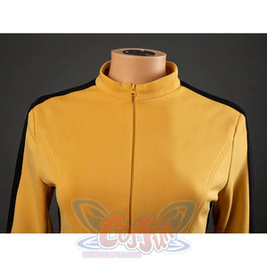 Close-up of The Bride Cosplay jacket collar and zipper with yellow fabric, chest seams and black shoulder stripes