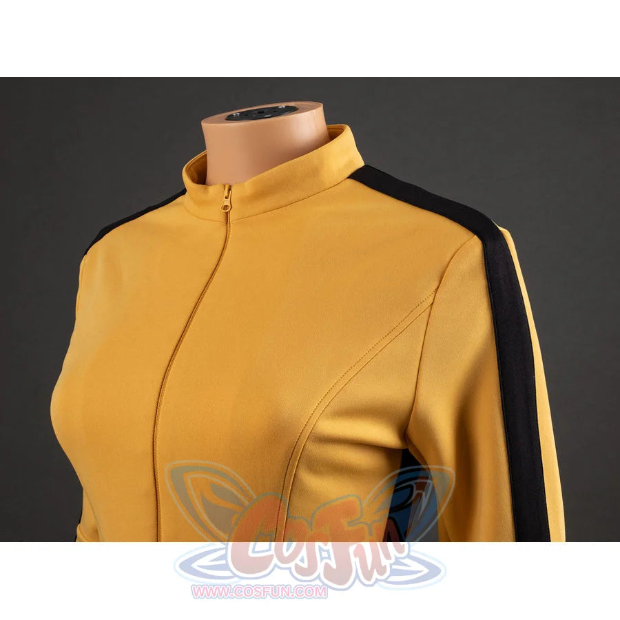 Detail of The Bride Cosplay jacket shoulder with black sleeve stripe, yellow fabric texture and curved chest seam