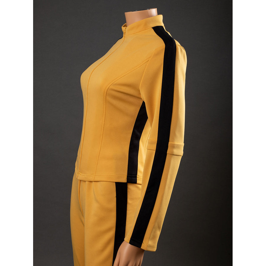 Side close-up of The Bride Cosplay jacket with black sleeve stripe, fitted side panel and seam construction