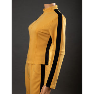 Side close-up of The Bride Cosplay jacket with black sleeve stripe, fitted side panel and seam construction