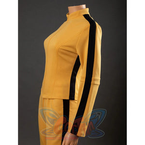Side close-up of The Bride Cosplay jacket with black sleeve stripe, fitted side panel and seam construction