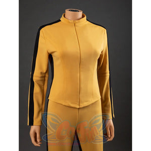 Close-up of The Bride Cosplay jacket upper front with stand collar, zipper, curved seams and sleeve stripes