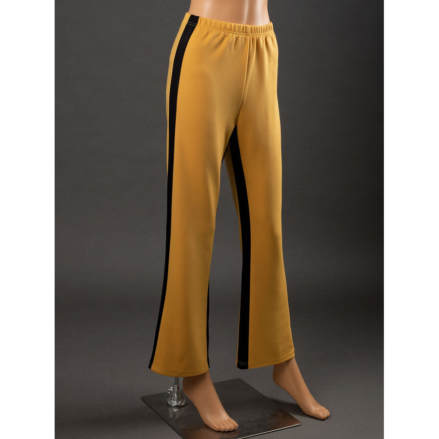 Angled view of The Bride Cosplay pants with elastic waistband, relaxed straight legs and black vertical side stripes