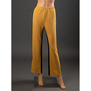 Front view of The Bride Cosplay pants with elastic waistband, straight yellow legs, black side stripes and stitched hems
