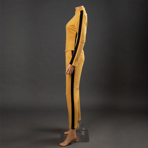 Side view of The Bride Cosplay tracksuit with black sleeve stripe, pant stripe and straight yellow hems