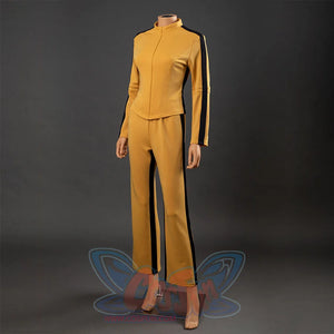 Three-quarter view of The Bride Cosplay tracksuit with stand collar, front zipper and black pant stripes