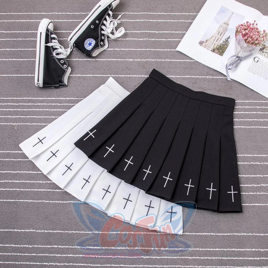 The Cross Embroidery High Waist Pleated Skirt J40017 - cosfun