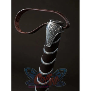 Thor cosplay hammer centers metal pommel with etched knotwork patterns and faux leather hand strap.