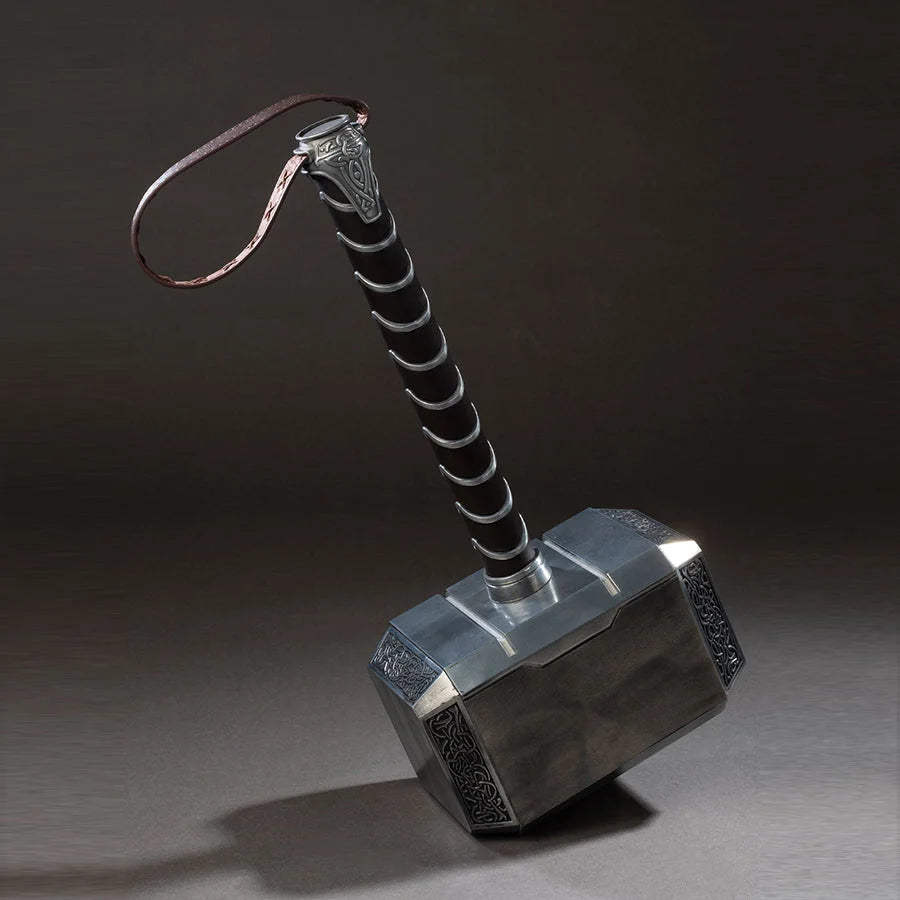 COSFUN Thor cosplay hammer centers an engraved metal head and a dark handle wrapped with a faux leather carry strap.
