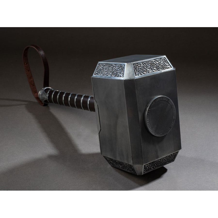Thor cosplay hammer centers a textured zinc copper alloy head with complex etched patterns and a dark faux leather loop.