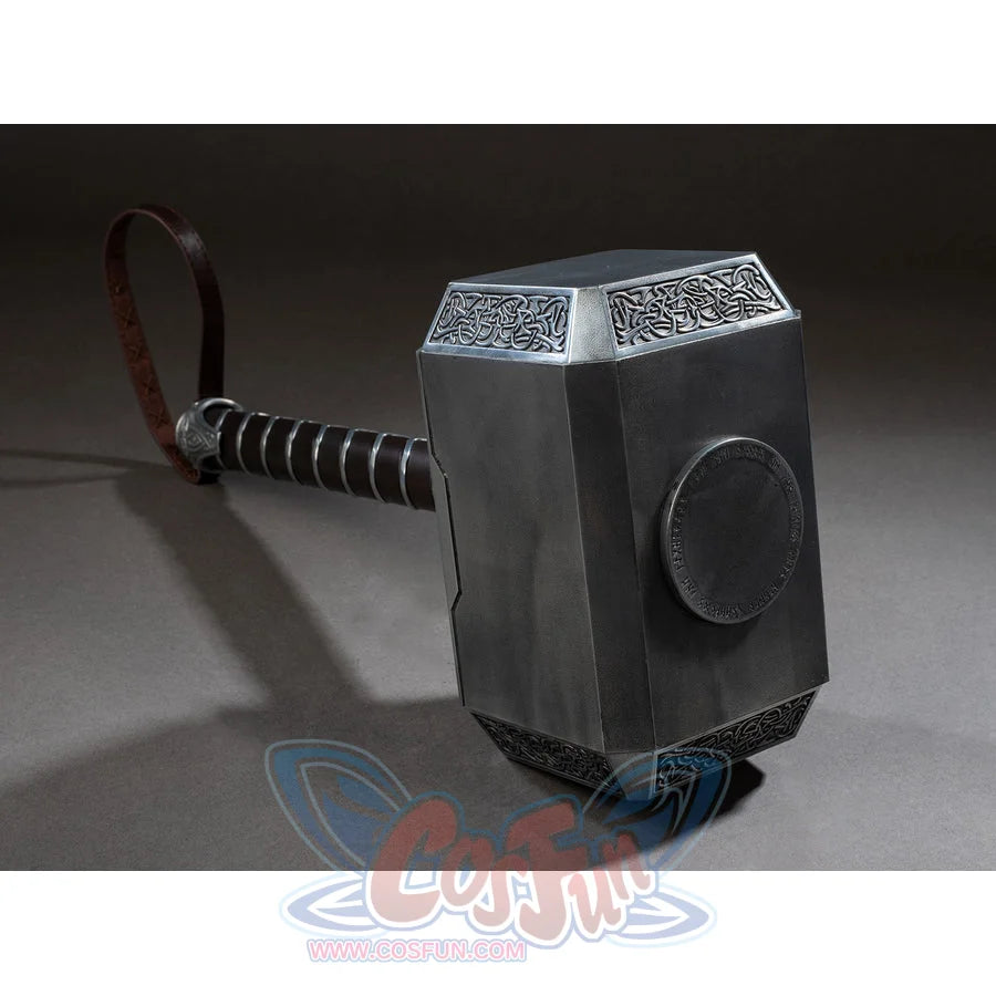 Thor cosplay hammer centers a textured zinc copper alloy head with complex etched patterns and a dark faux leather loop.