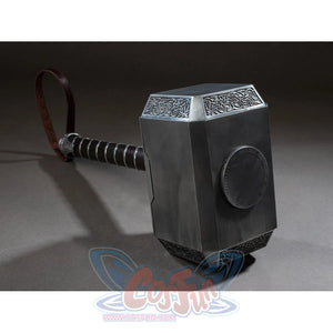 Thor cosplay hammer centers a textured zinc copper alloy head with complex etched patterns and a dark faux leather loop.