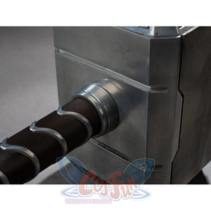 Thor cosplay hammer details the junction between the weathered metal head and the coiled grip wrapped in dark material.