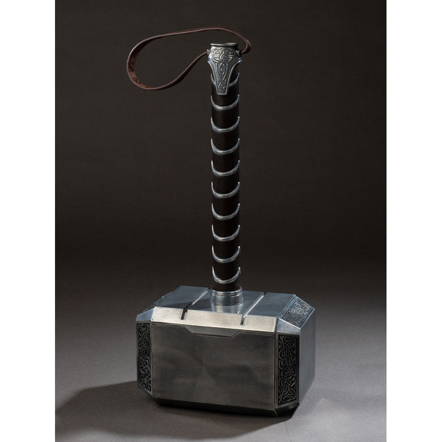 COSFUN Thor cosplay hammer centers an engraved metal head and a dark handle wrapped with a faux leather carry strap.