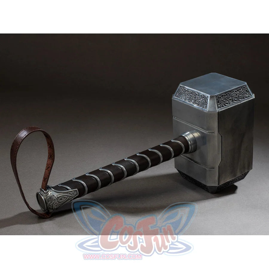Thor cosplay hammer centers a rectangular metallic block connected to a cylindrical handle wrapped in brown faux leather.