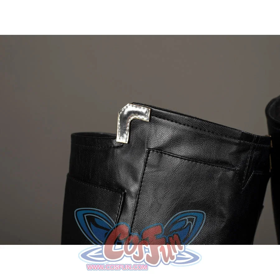 Thor Odinson cosplay boot close-up with silver-tone trim and layered black panels at the top.