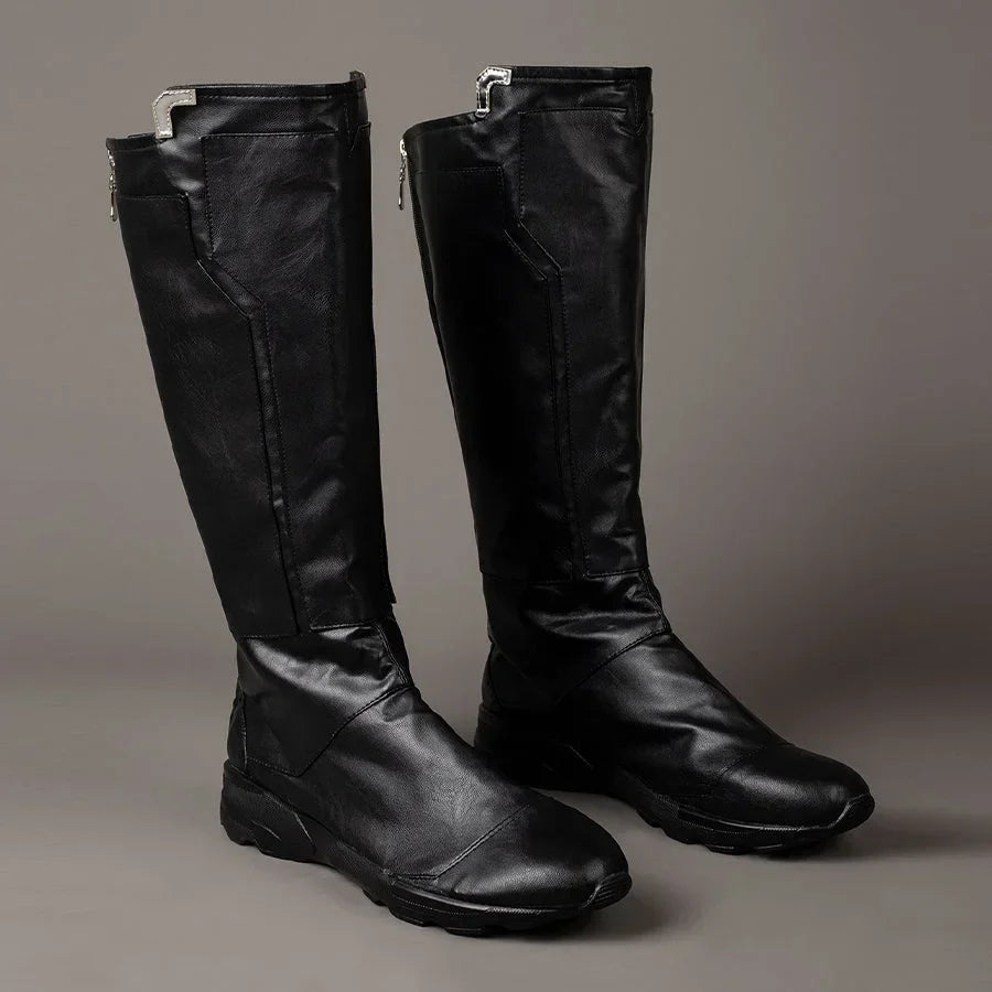 Thor Odinson cosplay boots angled view with tall black shafts and silver-tone trim at the top.