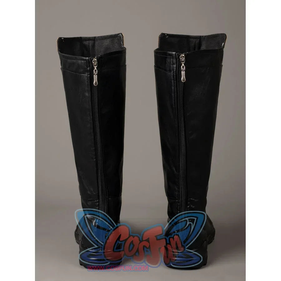 Thor Odinson cosplay boots back view with vertical zippers and fitted black shafts.
