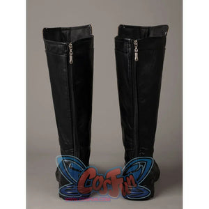 Thor Odinson cosplay boots back view with vertical zippers and fitted black shafts.