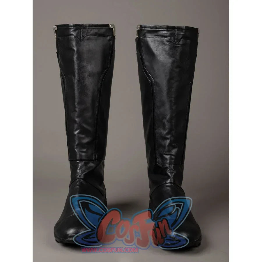 Thor Odinson cosplay boots angled view with tall black shafts and silver-tone trim at the top.