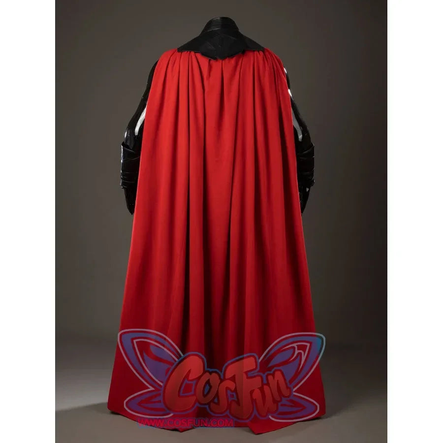 Thor Odinson cosplay cape back view with long red fabric falling from a black shoulder yoke.