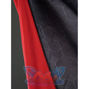 Thor Odinson cosplay cape lining detail with a dark geometric pattern beside red fabric.