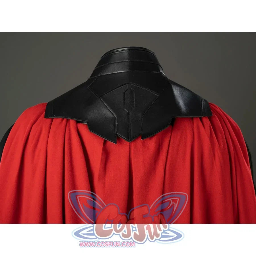 Thor Odinson cosplay cape detail with a black back yoke above gathered red fabric.