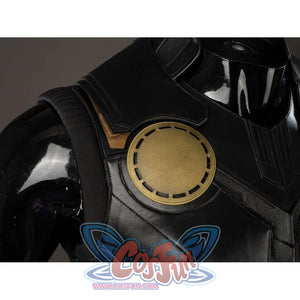 Thor Odinson cosplay chest-disc close-up with a gold-tone center on the black shoulder panel.