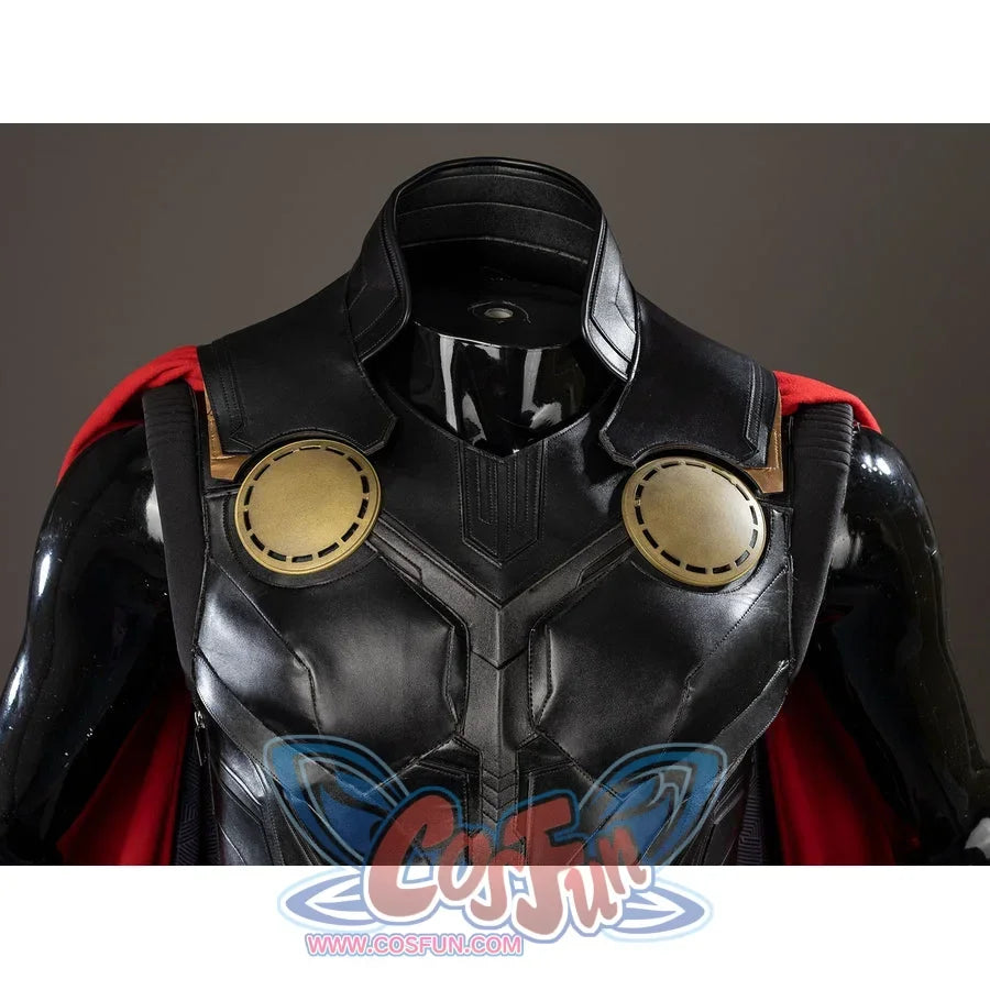 Thor Odinson cosplay vest upper detail with a high black collar and two gold-tone chest discs.