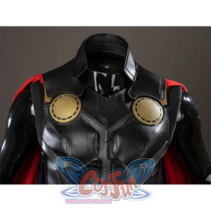 Thor Odinson cosplay vest upper detail with a high black collar and two gold-tone chest discs.