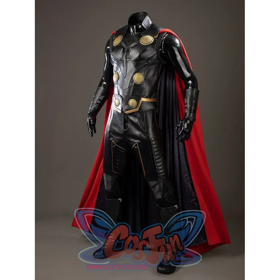 Thor Odinson cosplay costume angled view with gold-tone chest discs and a long red cape.