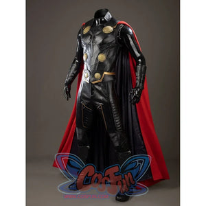 Thor Odinson cosplay costume angled view with gold-tone chest discs and a long red cape.