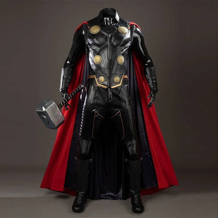 Thor Odinson cosplay costume front view with a black paneled outfit and red cape; an optional hammer appears at the side.