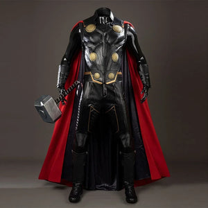 Thor Odinson cosplay costume front view with a black paneled outfit and red cape; an optional hammer appears at the side.