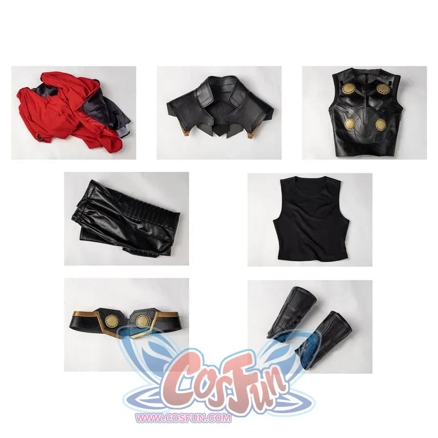 Thor Odinson cosplay costume set flat lay with the black outfit and red cape arranged beside the belt and wrist guards.